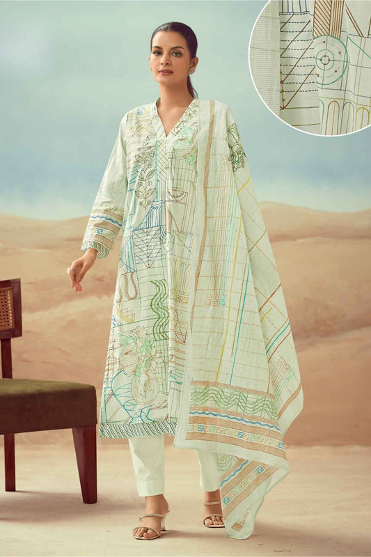 Ivory Architectural Blueprint Printed Cotton Kurta Set with Designer Dupatta