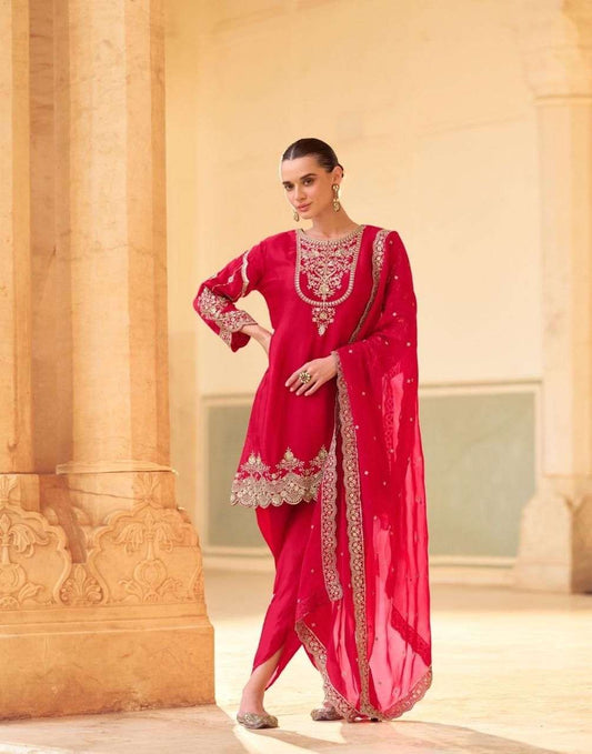 Ruby Red Embroidered Crepe Silk Dhoti Suit with Organza Dupatta