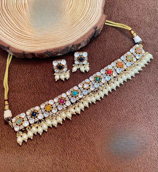 Multicolour Kundan Pearl Choker Necklace Set with Earrings