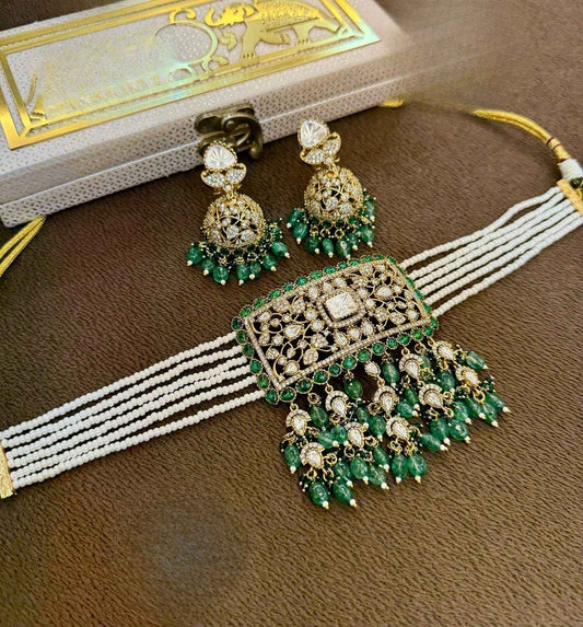 Green Stone & White Pearl Kundan Choker with Jhumka Earrings
