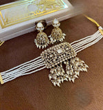 White Pearl Beaded Kundan Choker with Gold Jhumka Earrings
