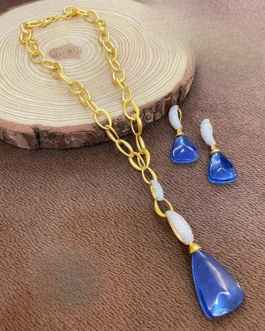 Gold Plated Chain Necklace Set with Blue Glass Drop Pendant