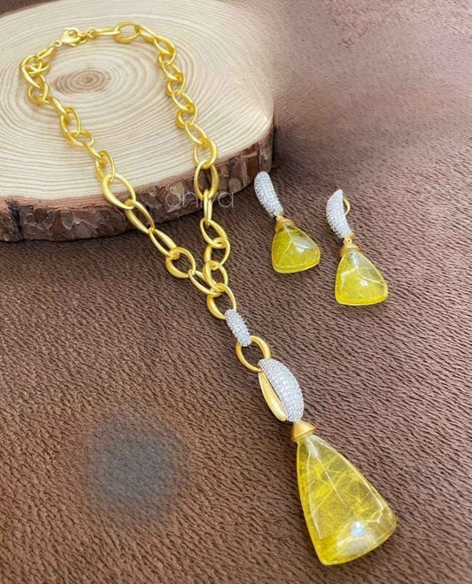 Gold Chain Necklace Set with Yellow Drop Pendant & Earrings
