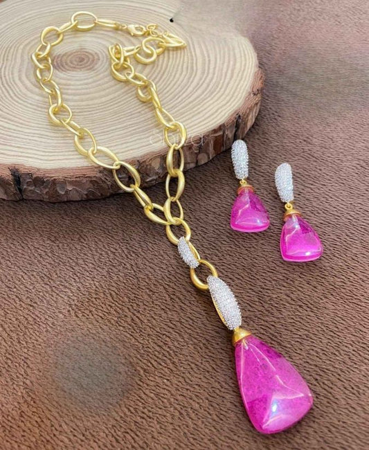 Gold Chain Necklace Set with Pink Drop Pendant & Earrings