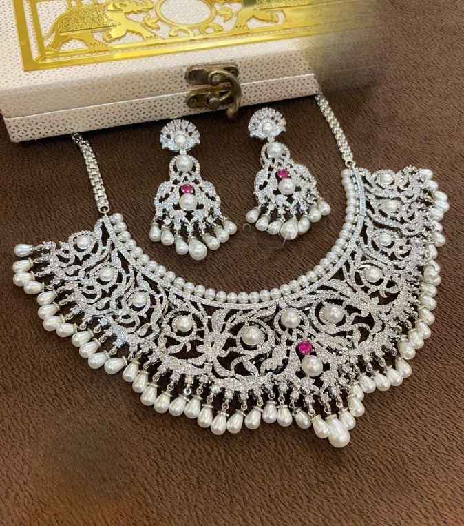 Pearl & CZ Bridal Necklace Set with Silver Finish – White