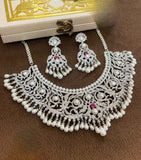 Pearl & CZ Bridal Necklace Set with Silver Finish – White