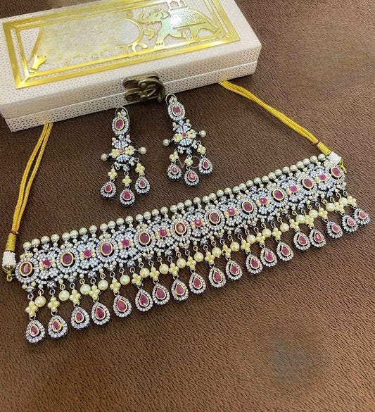 Ruby Red & White Stone Choker Set with Earrings – Pearl Drops

