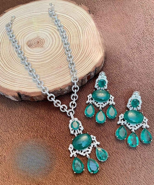 Emerald Green Doublet Stone Necklace Set with Earrings