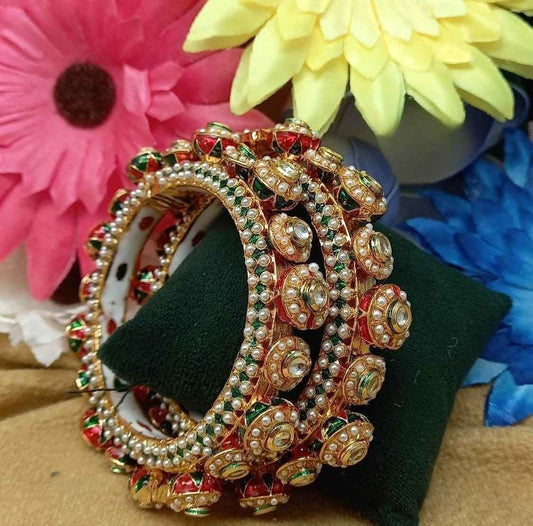 Royal Gold, Green & Red Kundan Bangles with Pearl Detailing