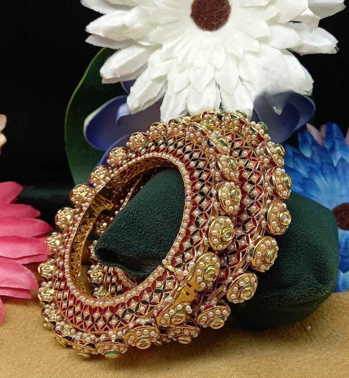 Gold-Plated Red Kundan Bangles with Pearl & Enamel Detailing