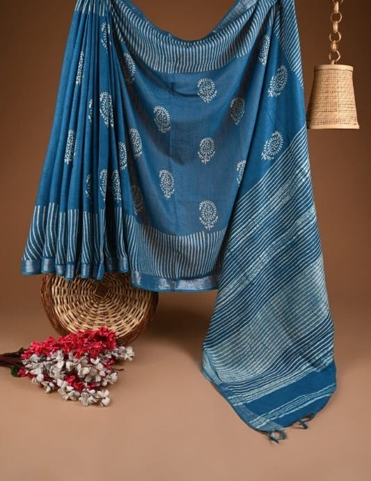 Sky Blue Hand Block Printed Linen Saree with Blouse Piece