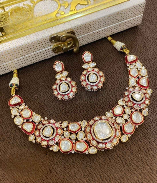 Royal Red & White Kundan Polki Necklace Set with Matching Earrings
