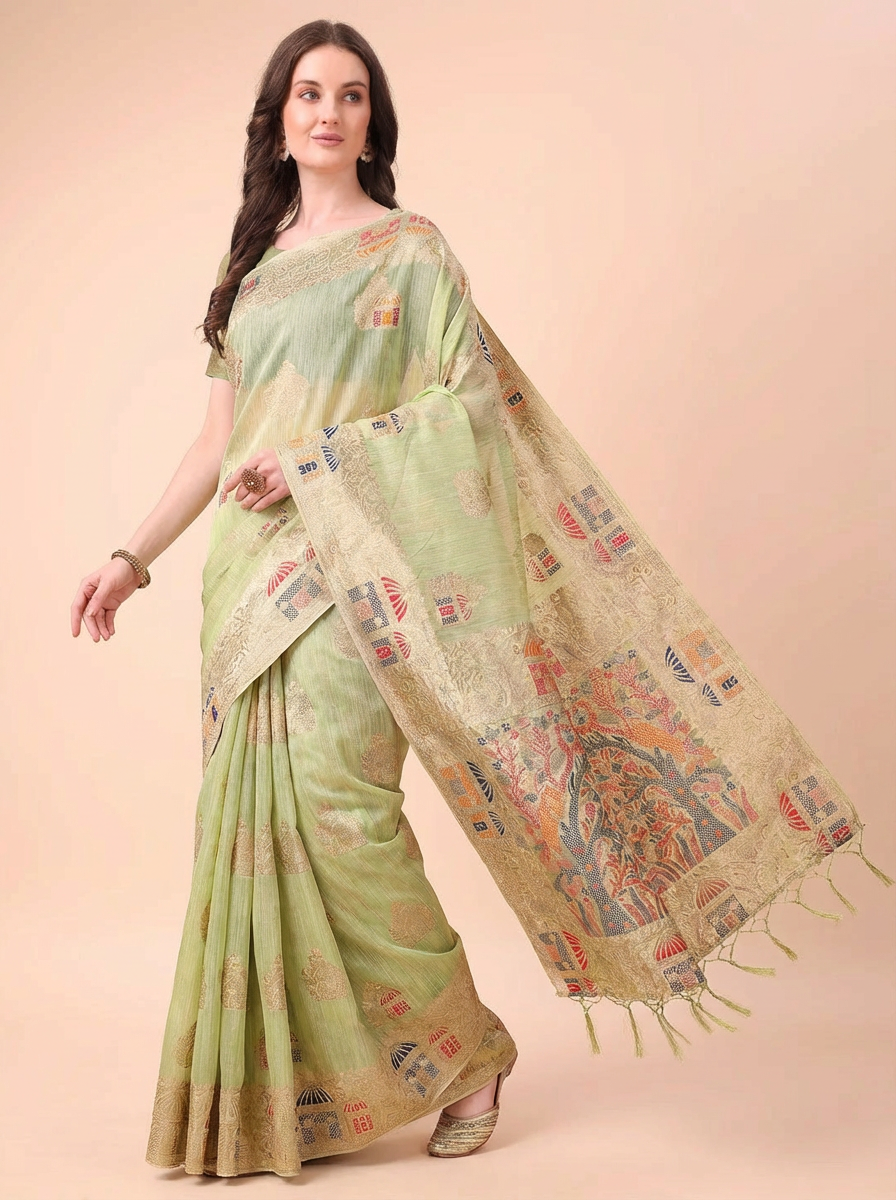 Pastel Green Embroidered Linen Saree with Artistic Motifs