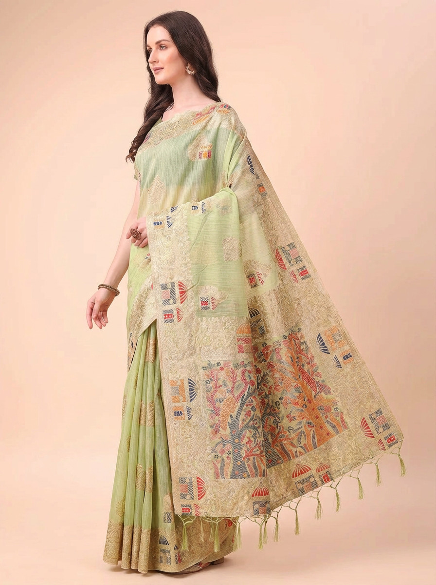 Pastel Green Embroidered Linen Saree with Artistic Motifs