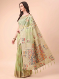 Pastel Green Embroidered Linen Saree with Artistic Motifs