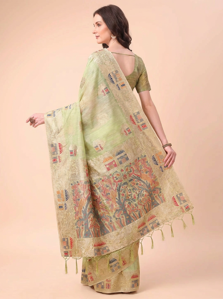Pastel Green Embroidered Linen Saree with Artistic Motifs