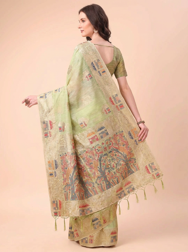 Pastel Green Embroidered Linen Saree with Artistic Motifs
