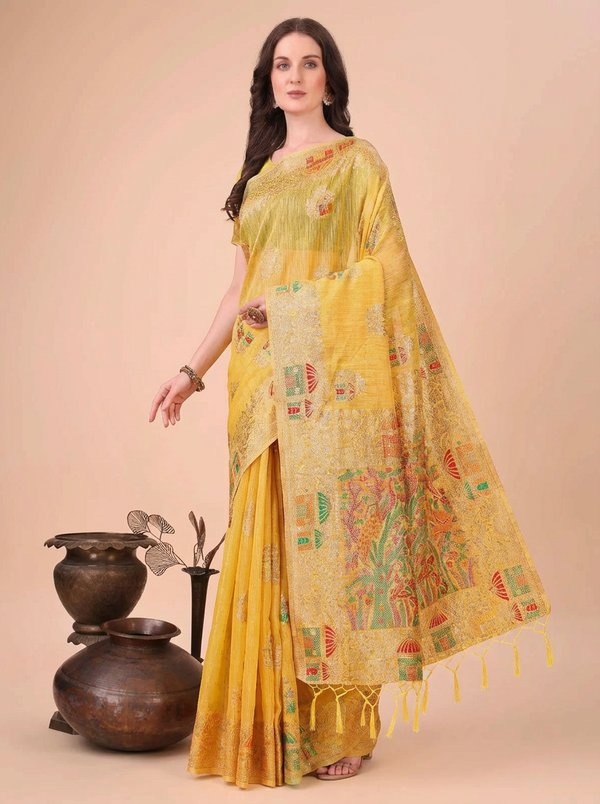 Yellow Embroidered Linen Saree with Artistic Handloom Motifs