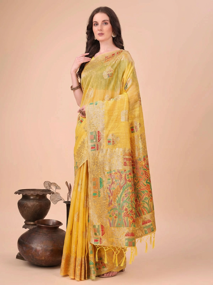 Yellow Embroidered Linen Saree with Artistic Handloom Motifs