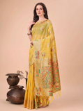Yellow Embroidered Linen Saree with Artistic Handloom Motifs