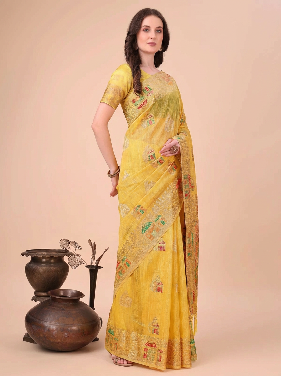 Yellow Embroidered Linen Saree with Artistic Handloom Motifs