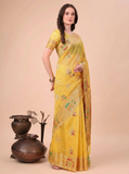 Yellow Embroidered Linen Saree with Artistic Handloom Motifs