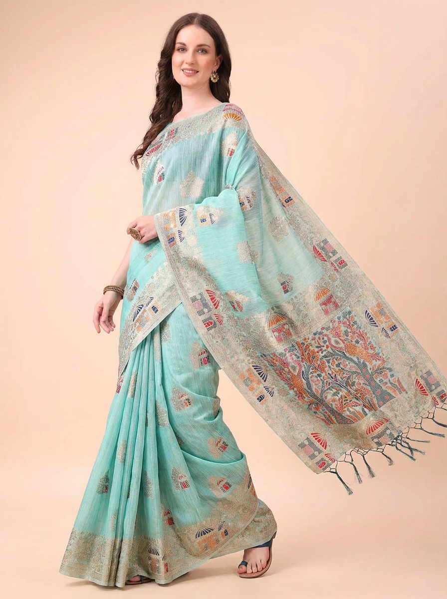 Light Blue Embroidered Linen Cotton Saree with Artistic Motifs