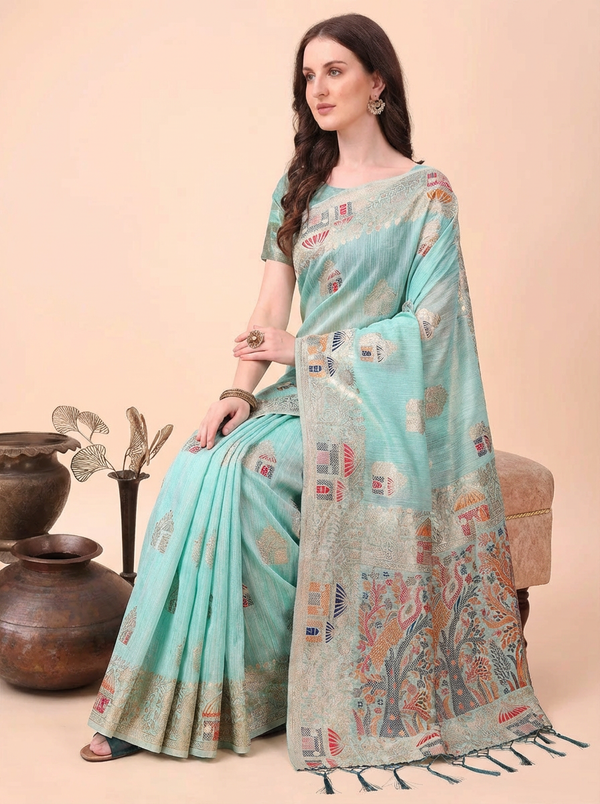 Mint Green Embroidered Linen Cotton Saree with Artistic Motifs