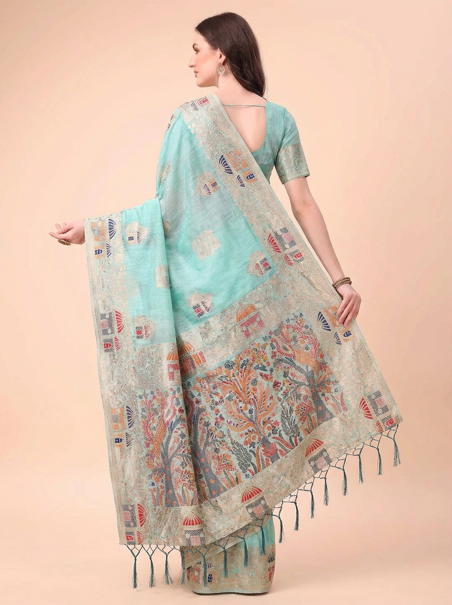 Light Blue Embroidered Linen Cotton Saree with Artistic Motifs