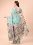 Light Blue Embroidered Linen Cotton Saree with Artistic Motifs