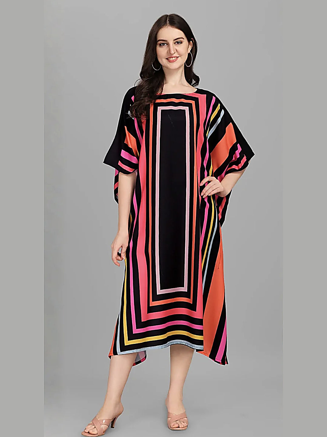 Black Pink Geometric Kaftan Kurti Dress for Women