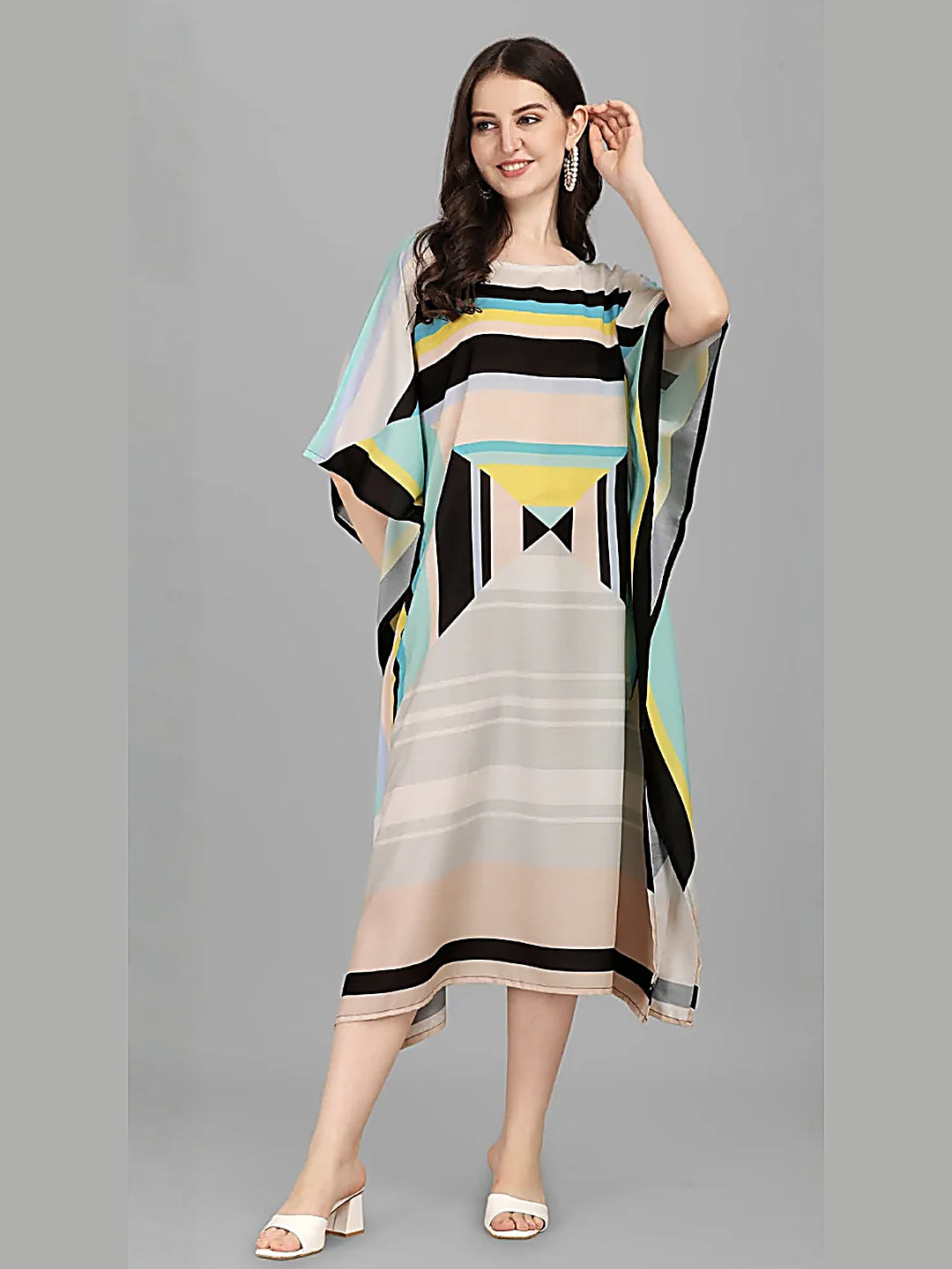 Beige Teal Geometric Kaftan Kurti Dress for Women