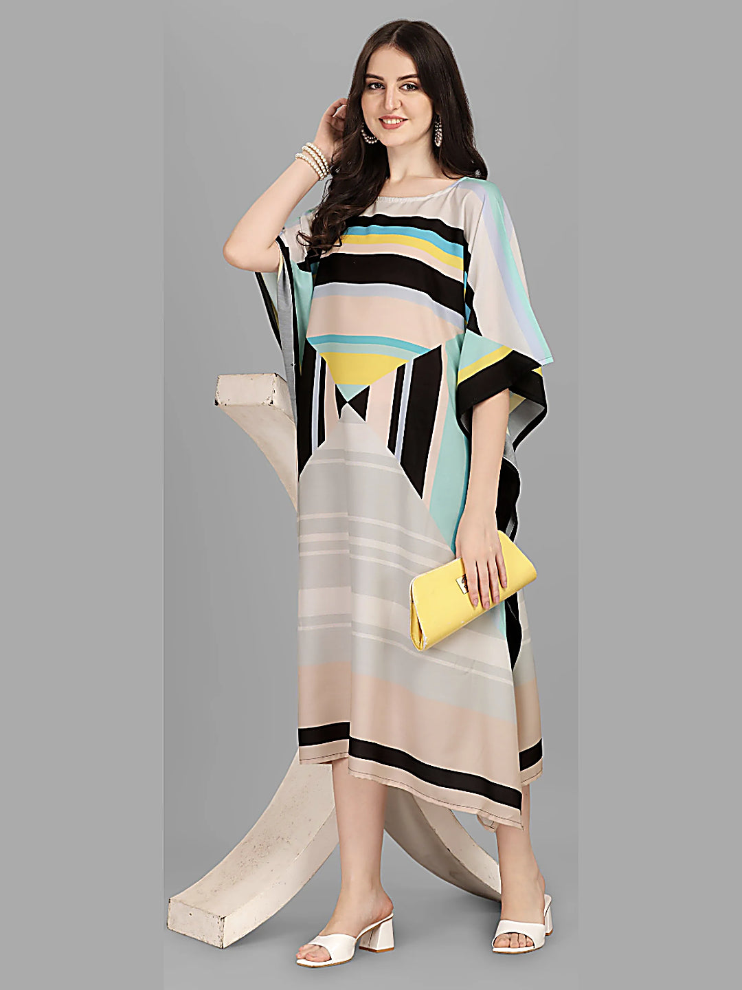 Beige Teal Geometric Kaftan Kurti Dress for Women