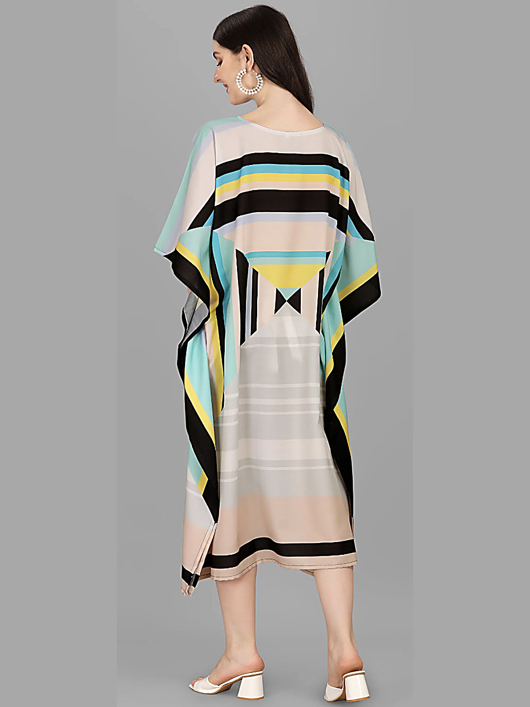 Beige Teal Geometric Kaftan Kurti Dress for Women