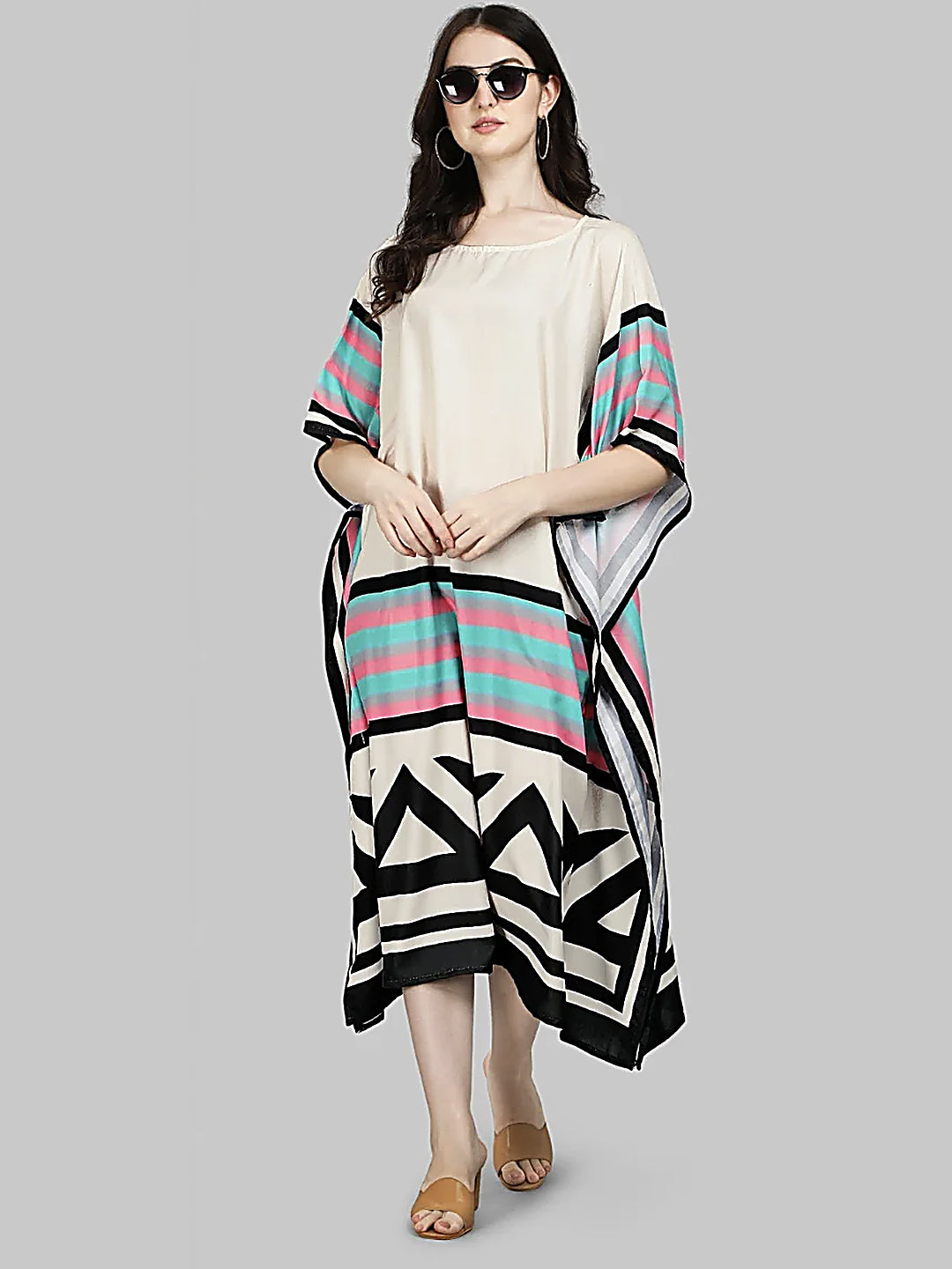 Beige Printed Designer Kaftan Kurti for Women