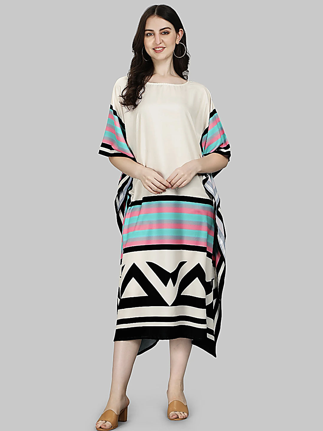 Beige Printed Designer Kaftan Kurti for Women