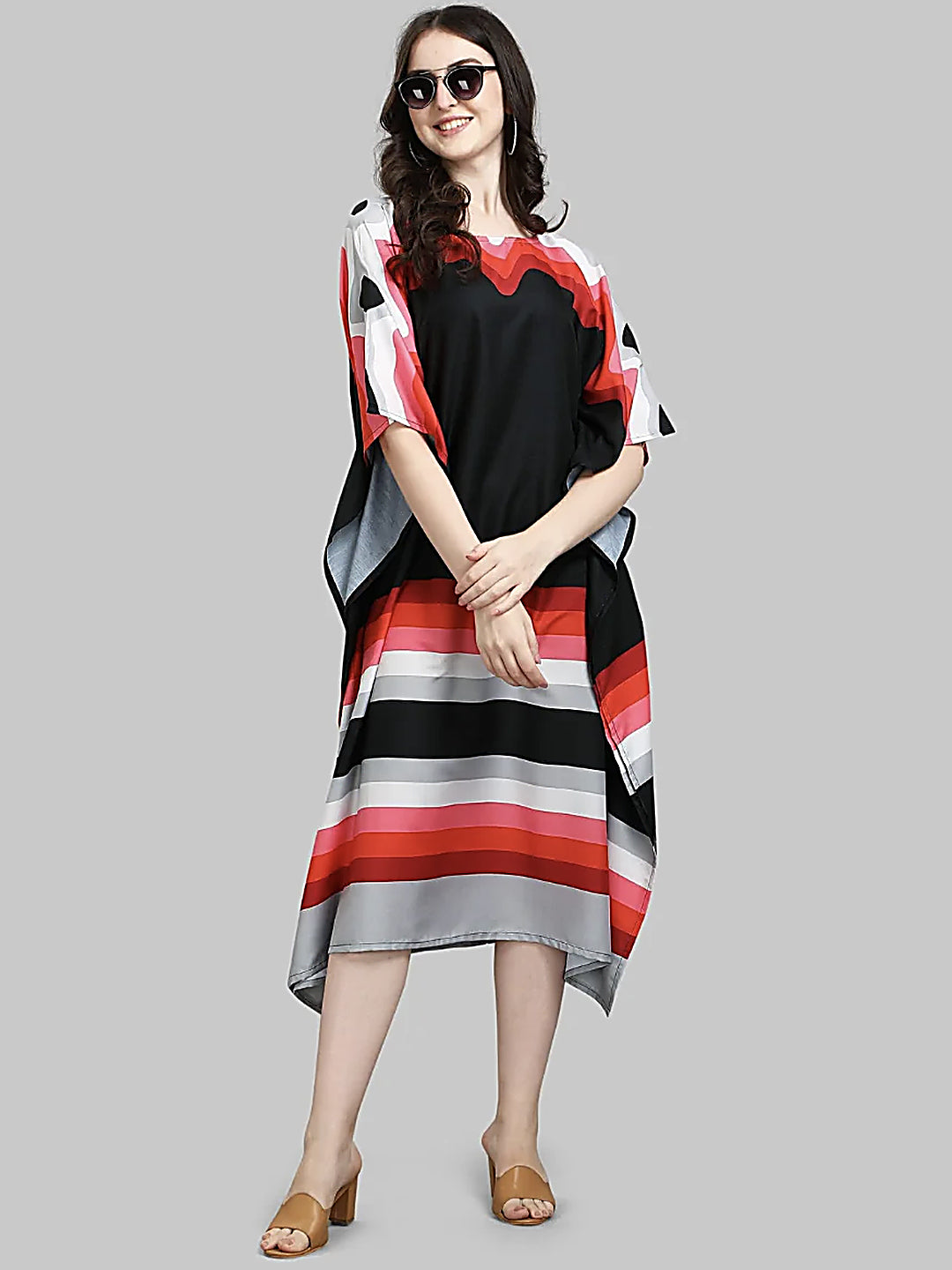 Black Red Striped Kaftan Kurti Dress for Women