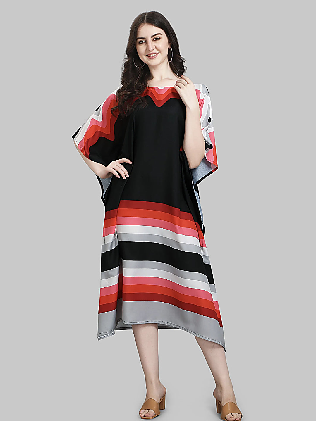 Black Red Striped Kaftan Kurti Dress for Women