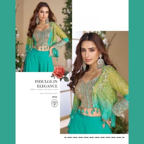 Sea Green Indo Western Dress in Chinon Silk with Palazzo & Dupatta