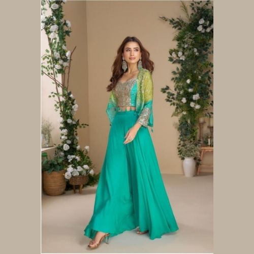 Sea Green Designer Indo Western Dress with Palazzo & Embroidered Blouse