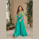 Sea Green Designer Indo Western Dress with Palazzo & Embroidered Blouse