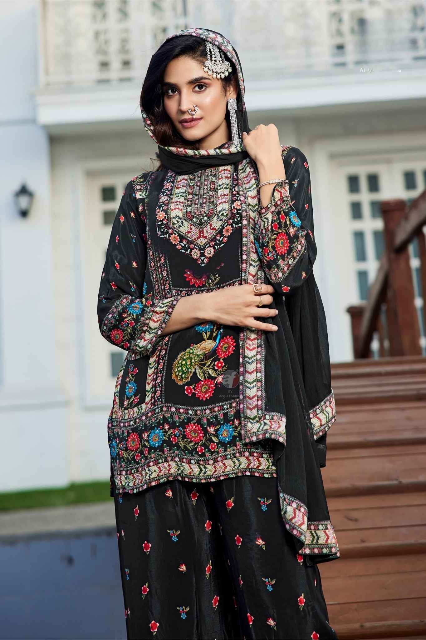 Elegant Black Crepe Kurti Set with Handwork & Chiffon Dupatta
