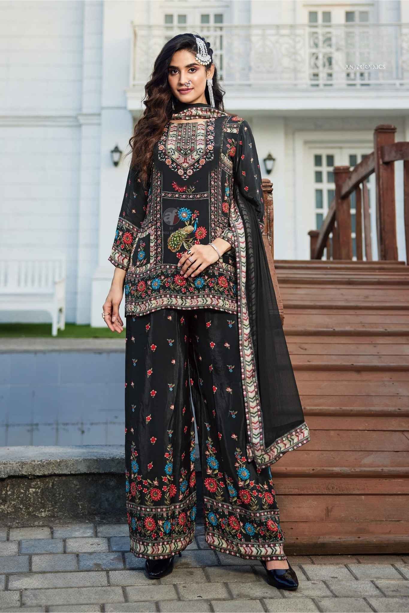 Elegant Black Crepe Kurti Set with Handwork & Chiffon Dupatta