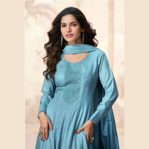 Elegant Sky Blue Silk Anarkali Gown with Dupatta – Party Wear
