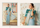Sky Blue Satin Silk Party Wear Saree with Teal Jacquard Blouse