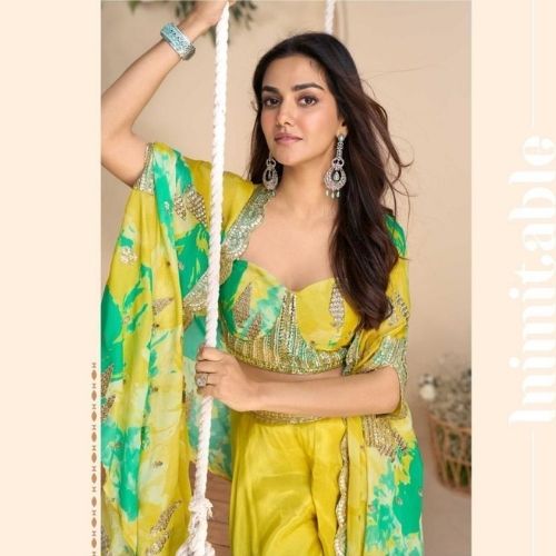 Stylish Yellow Indo Western Dress for Women in Chinon Silk