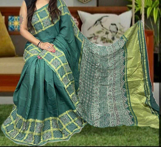 Teal Green Check Modal Silk Ajrakh Handblock Printed Saree