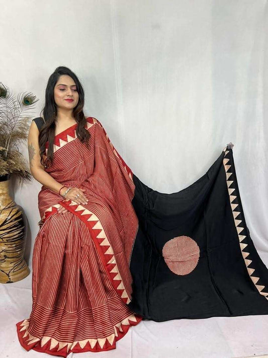 Red and Black Ajrakh Handblock Modal Silk Saree with Triangle Border