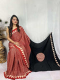 Red and Black Ajrakh Handblock Modal Silk Saree with Triangle Border