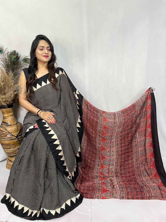 Black and Red Ajrakh Handblock Modal Silk Saree with Triangle Border